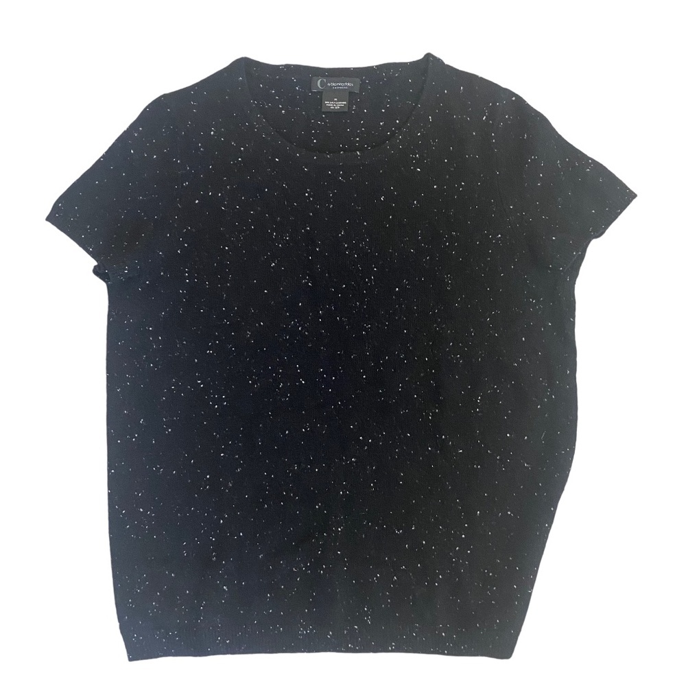 Bloomingdales black cashmere short sleeve blouse top with white speckles M - Picture 5 of 7